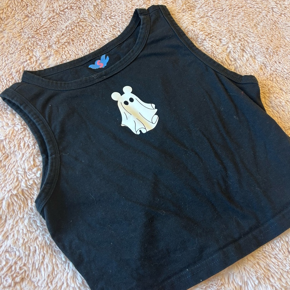 Black Mickey Ghost Print Cropped Tank Top